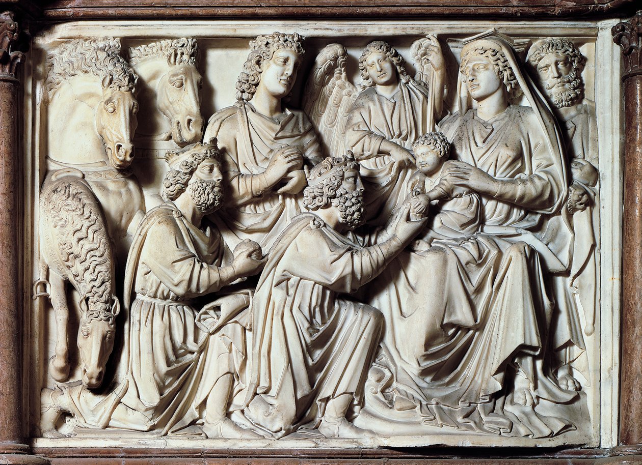 Adoración de los Magos, azulejo del púlpito con escenas de la vida de Cristo de Nicola Pisano