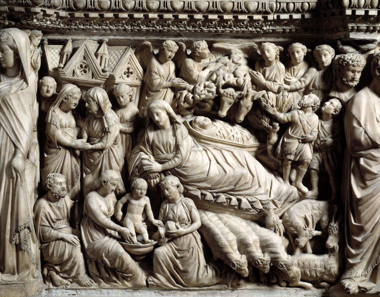 Arte y arquitectura gótica: Visitación y Natividad - Detalle de los bajorrelieves del púlpito de mármol que Nicola Pisano realizó entre 1266 y 1268 de Nicola Pisano