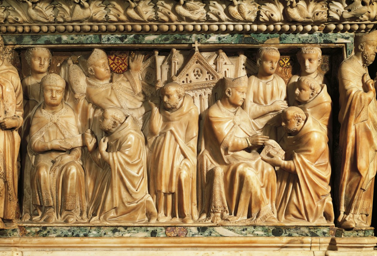 Relieve que representa la aprobación de la Orden por el Papa Inocencio III de Nicola Pisano