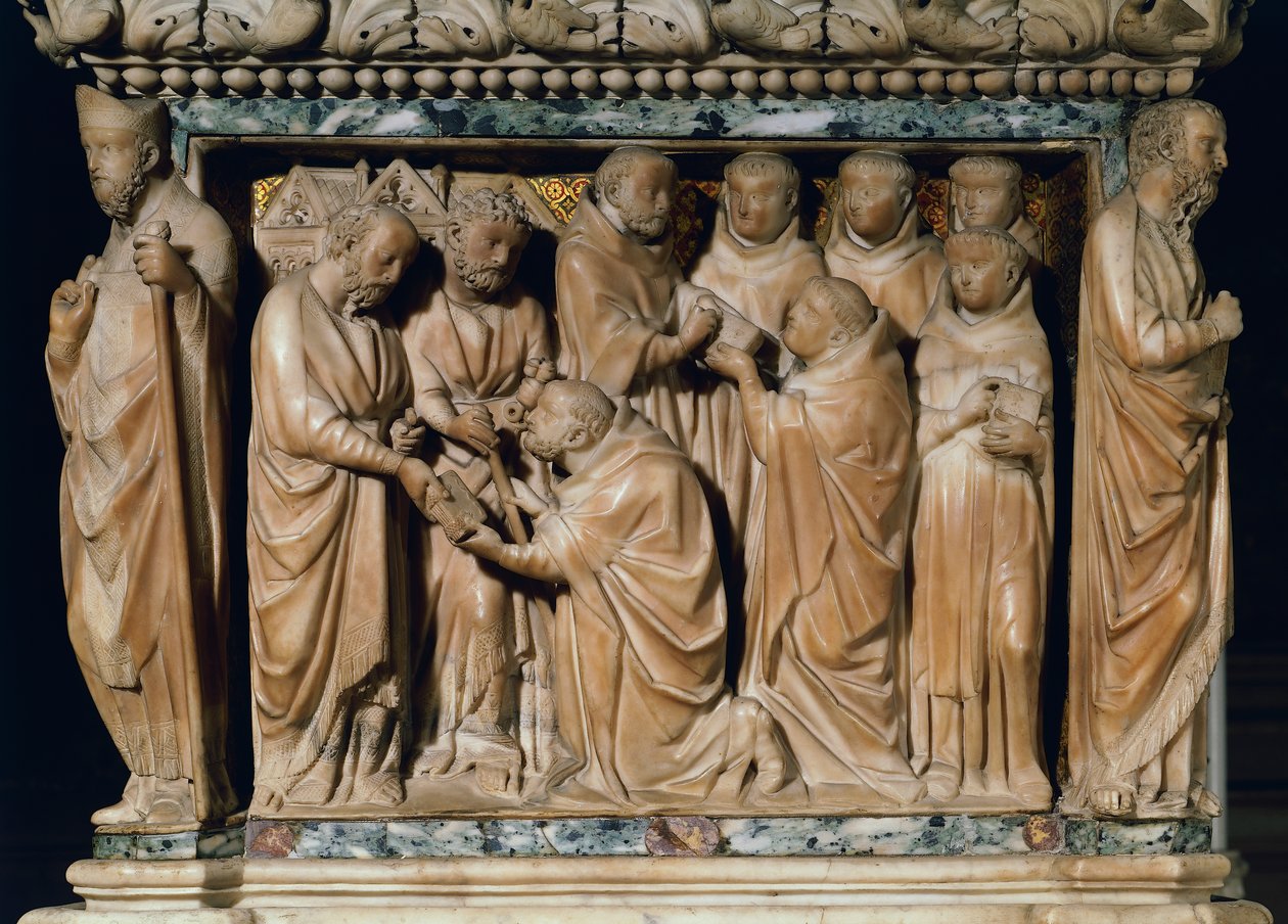 Los Apóstoles Pedro y Pablo aparecen a San Domingo, relieve decorativo del Arca de San Domingo, por Nicola Pisano y su taller, mármol, Capilla de San Domingo, Basílica de San Domingo, Bolonia, Emilia-Romaña, Italia de Nicola Pisano