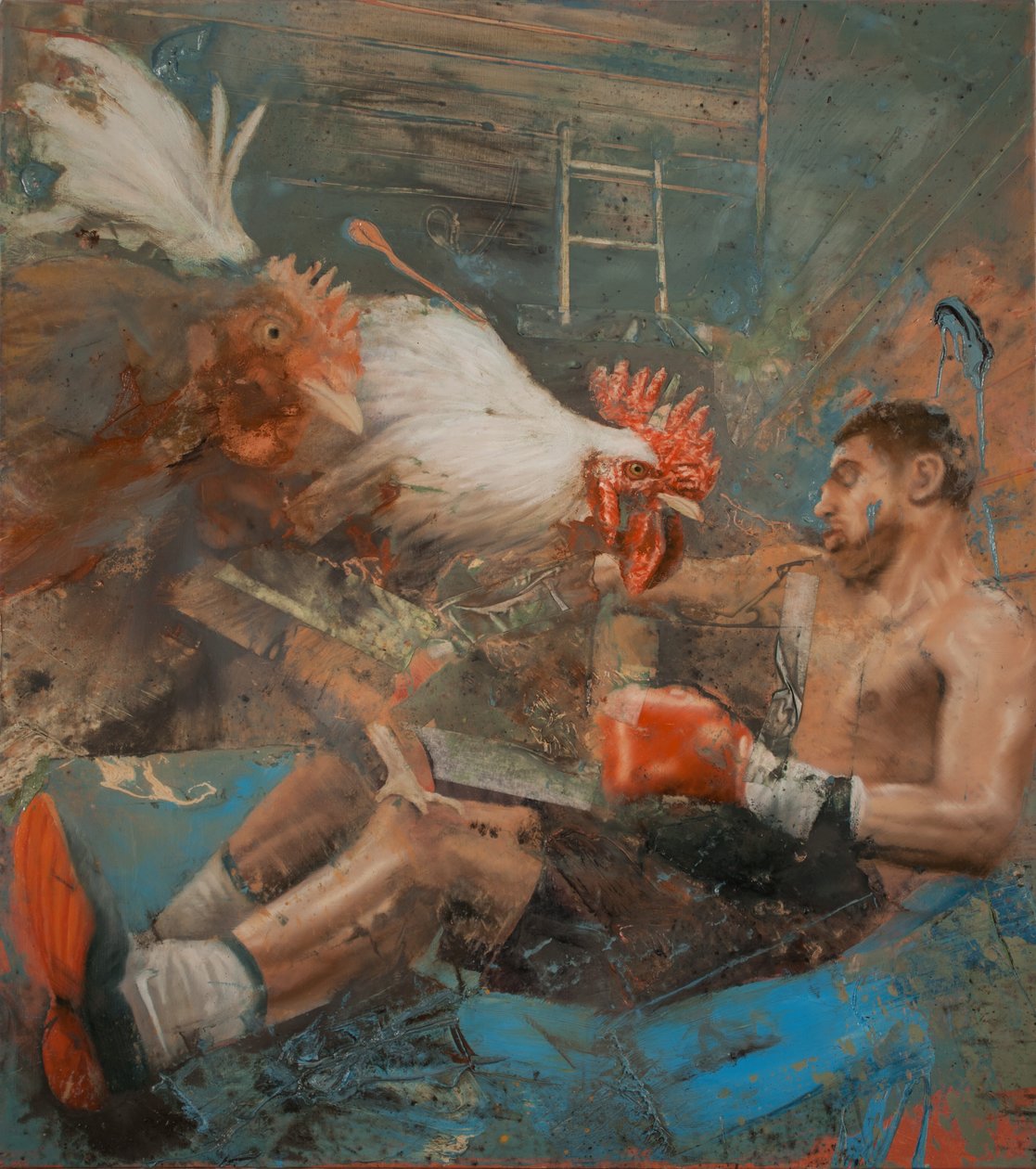 Boxeador con gallos, 2018 (óleo sobre lienzo) de Nicola Pucci