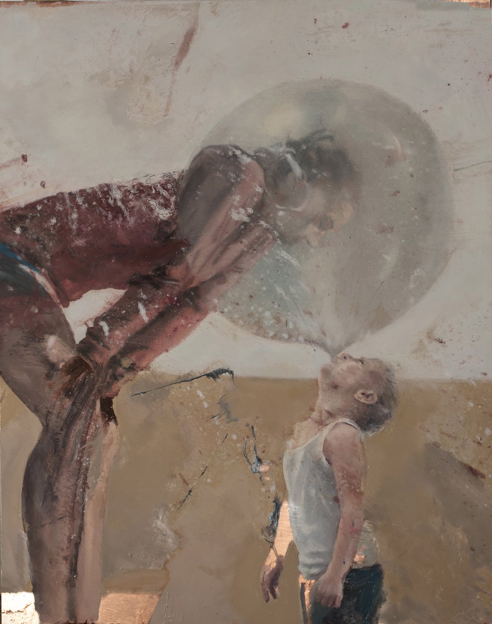 Burbuja III (Niño con madre), 2020 (óleo sobre cobre) de Nicola Pucci