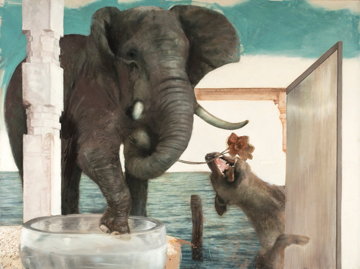 Elefante con perro, 2011 (óleo sobre lienzo) de Nicola Pucci