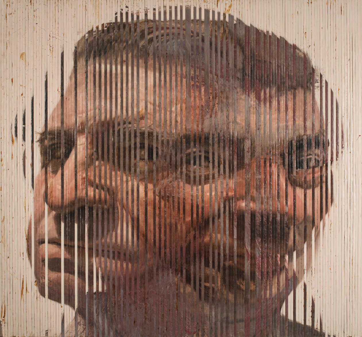 Fusioni Volti II, 2006 (óleo sobre lienzo cortado y aplicado sobre tabla) de Nicola Pucci