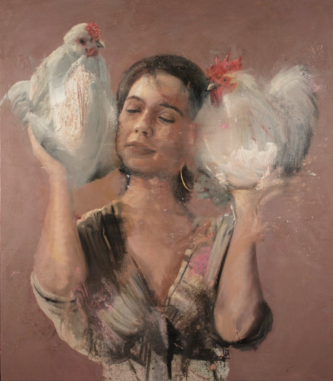 Niña con gallos, 2018 (óleo sobre lienzo) de Nicola Pucci