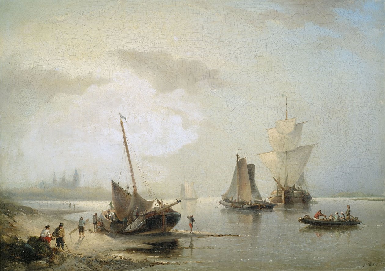 Veleros en la costa holandesa al amanecer de Nicolaas Riegen