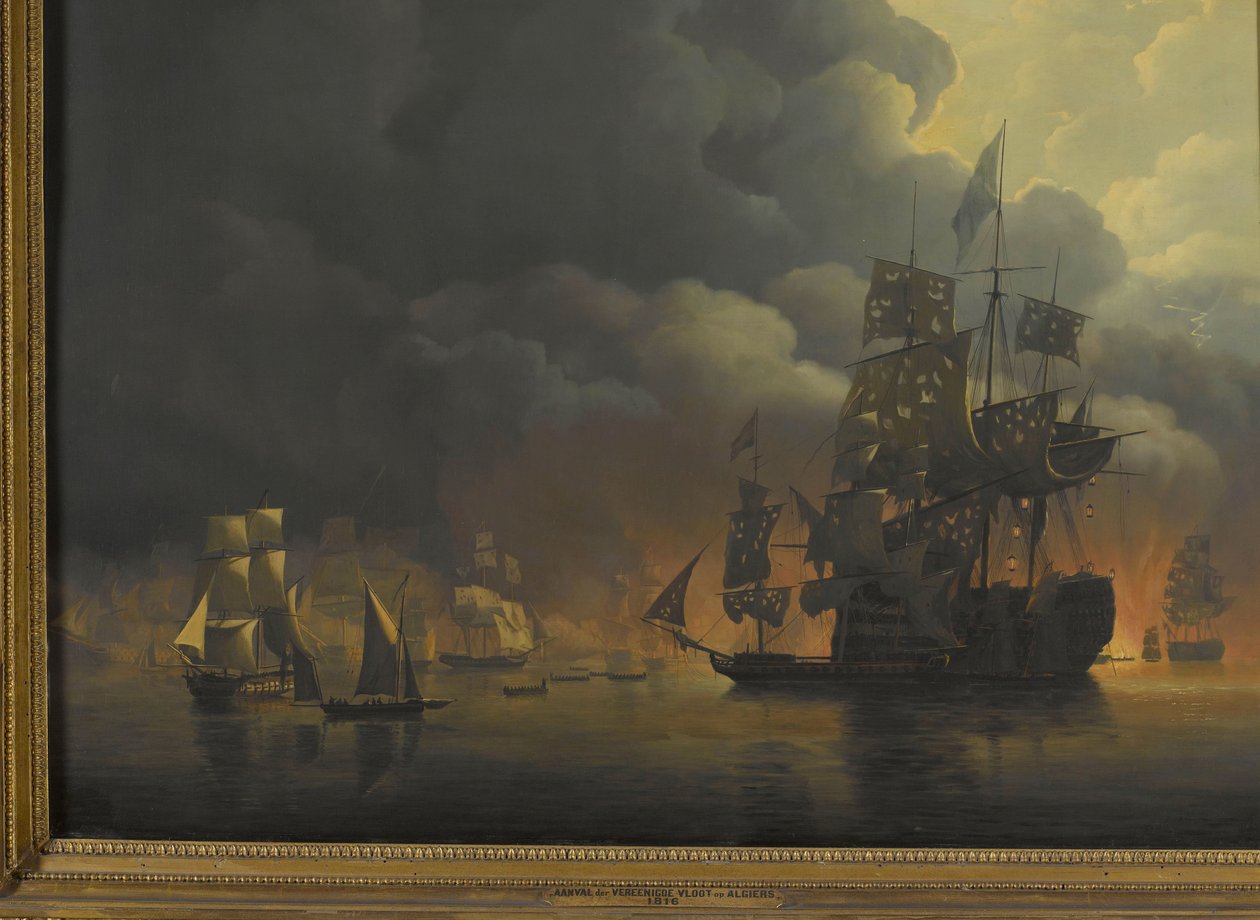 La Flota Anglo-Holandesa bajo el mando de Lord Exmouth y el Vice-Almirante Jonkheer Theodorus Frederik van Capellen sacando las fortalezas argelinas, 27 de agosto de 1816
Cuatro episodios durante la presencia de la flota anglo-holandesa en la bahía de Arg de Nicolaas Baur