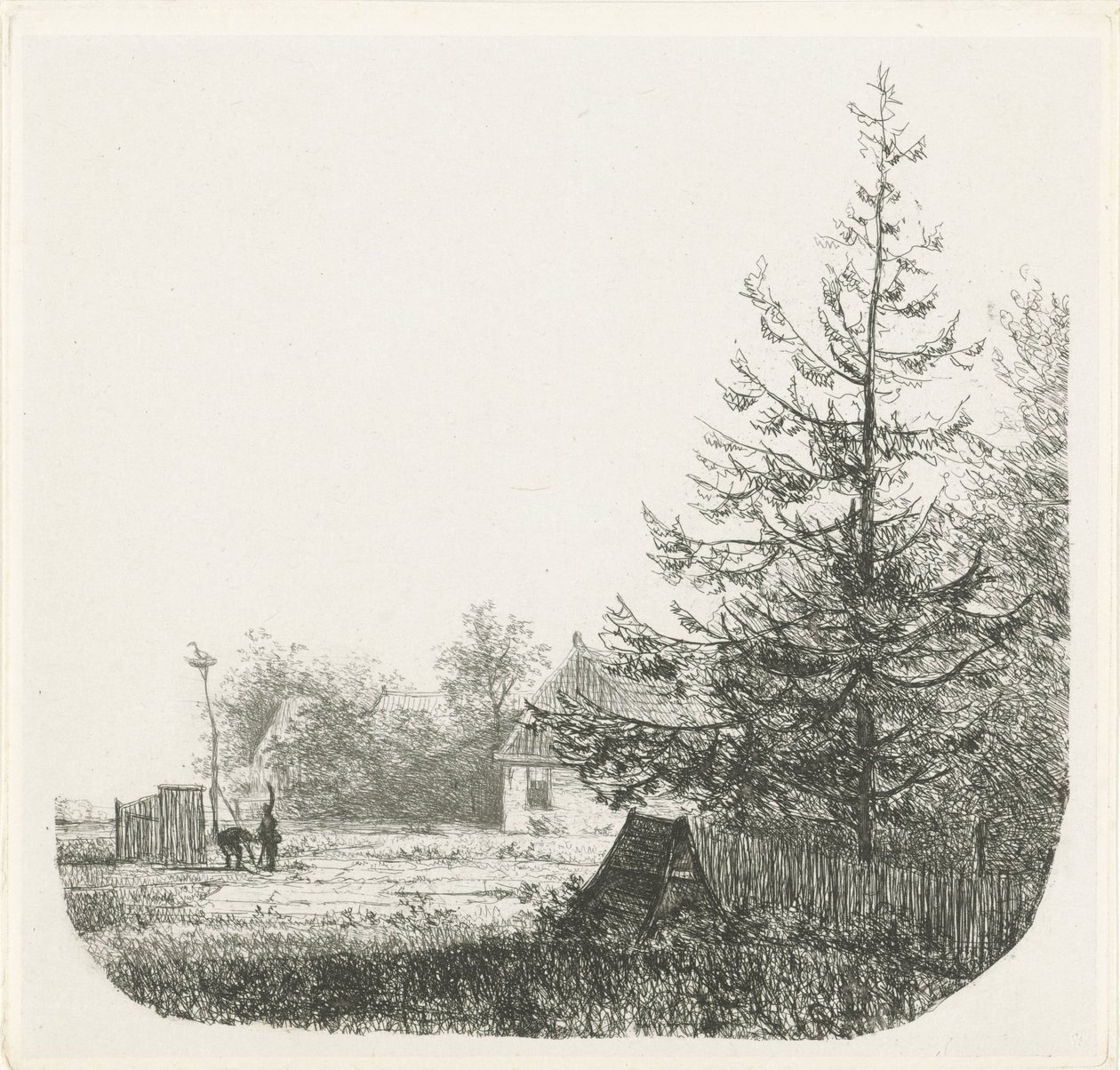 Paisaje arbolado con nido de cigüeña de Nicolaas Johannes Roosenboom