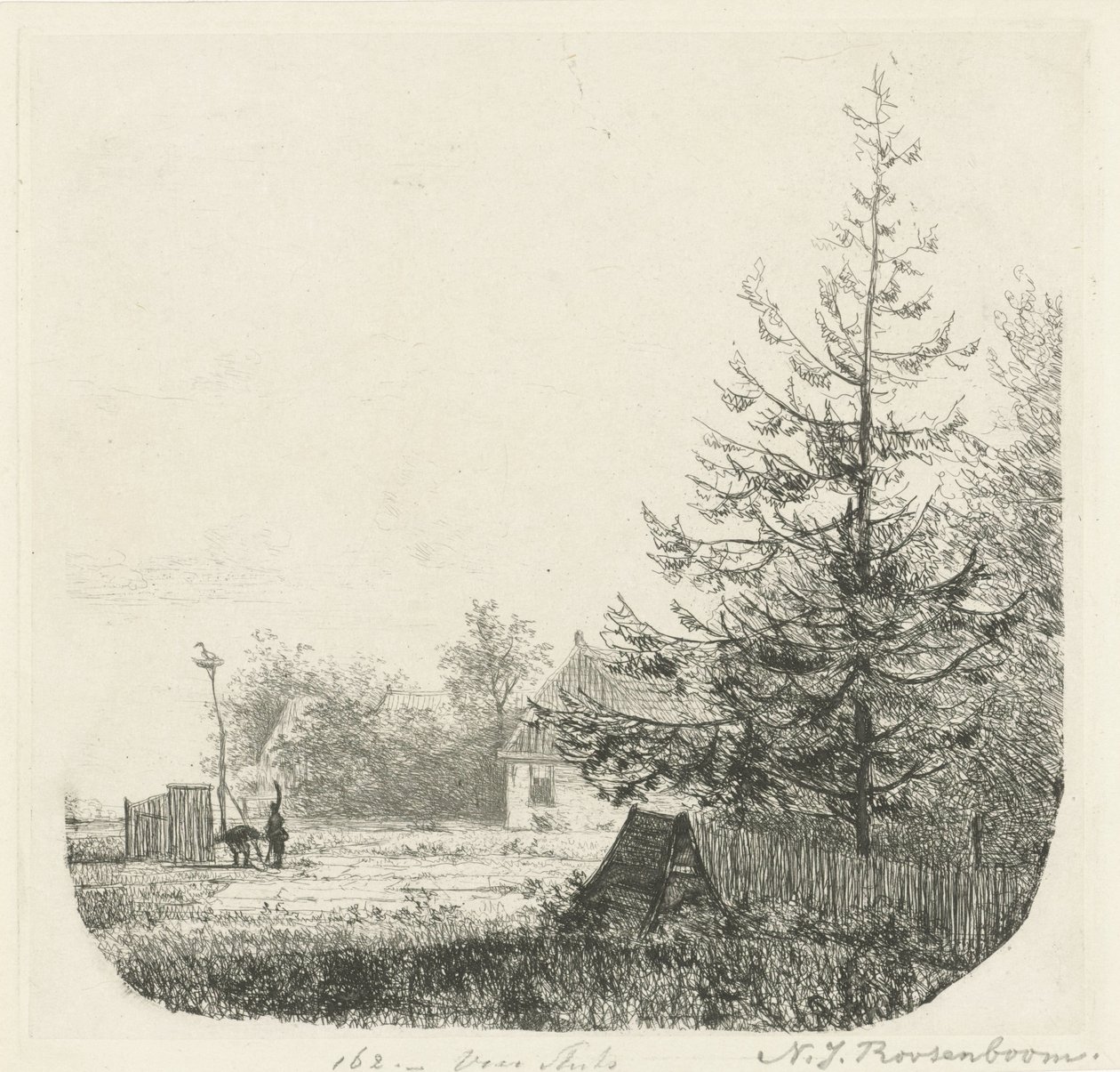Paisaje arbolado con nido de cigüeña de Nicolaas Johannes Roosenboom