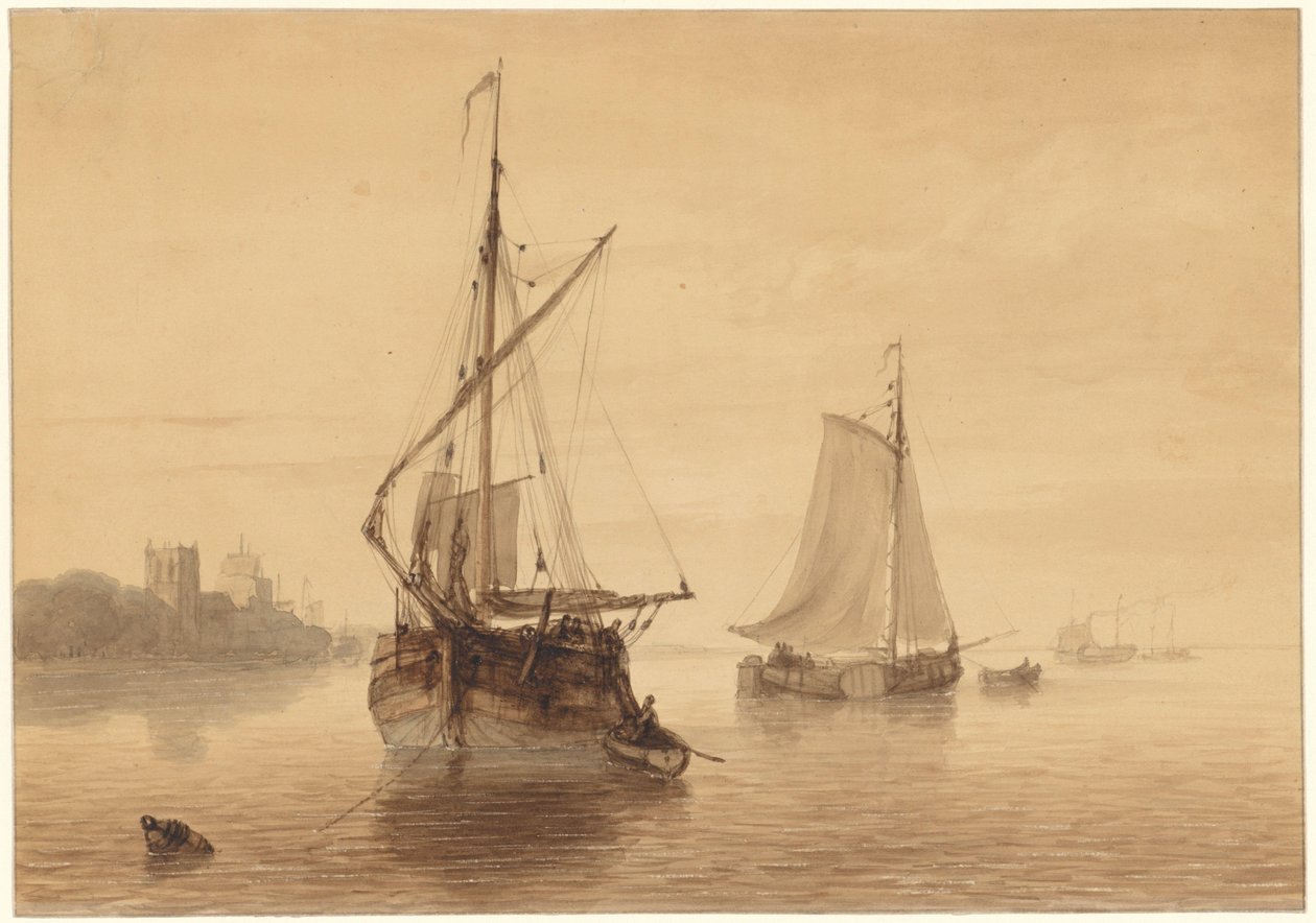 Paisaje fluvial con algunos barcos de Nicolaas Johannes Roosenboom