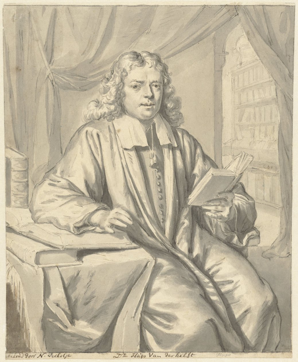 Retrato del Dr. Hugo van der Helst en una sala de estudio de Nicolaas Verkolje