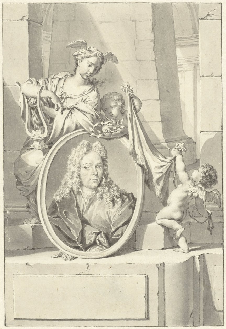 Putti y una mujer cerca de un medallón con el retrato de Arnold Houbraken de Nicolaas Verkolje