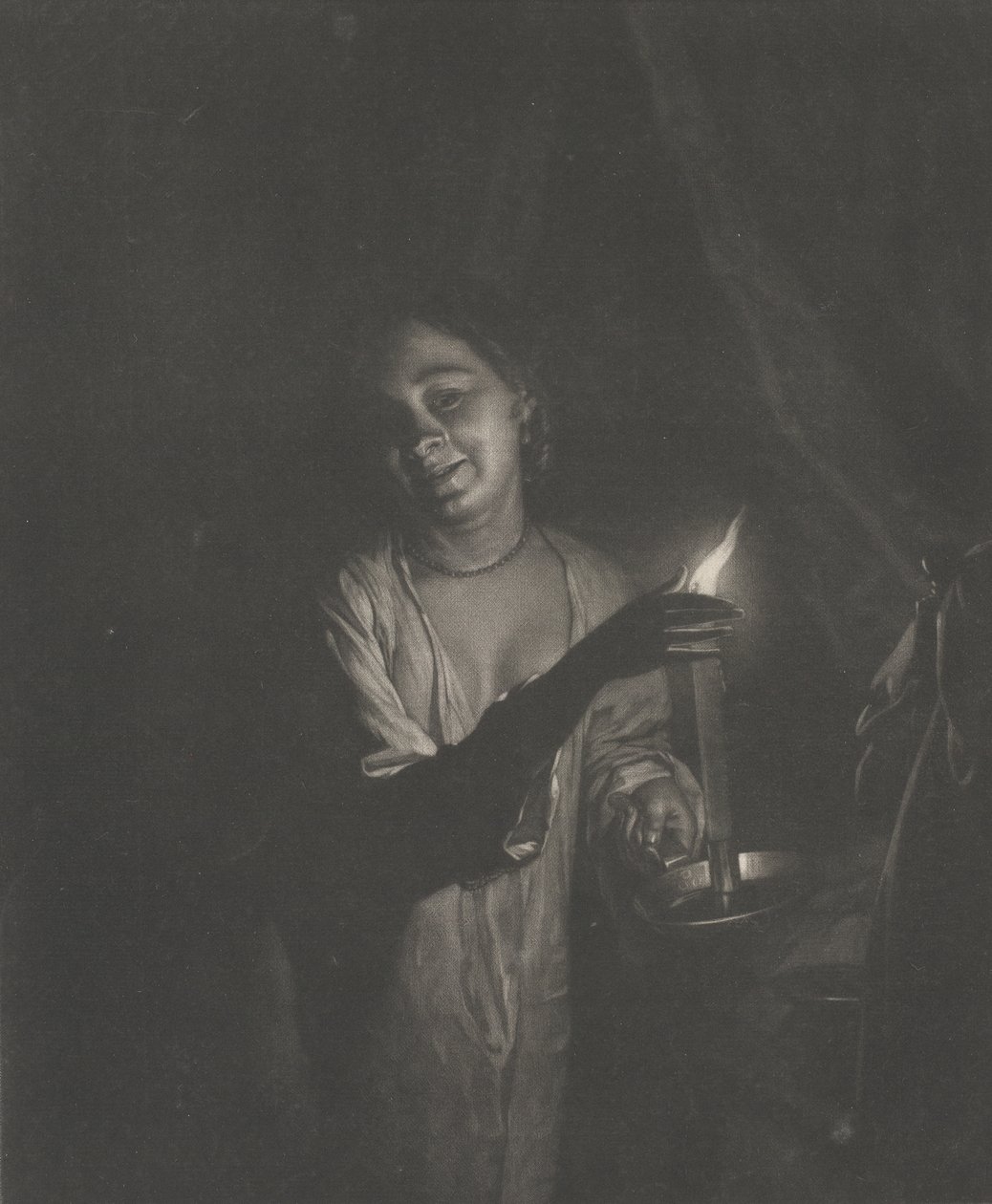 Joven mujer sosteniendo una vela en un dormitorio, 1690-1715 de Nicolaas Verkolje