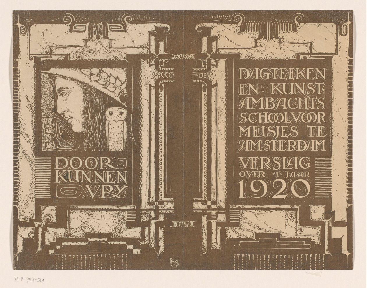 Diseño de encuadernación para: Informe de la Escuela de Dibujo Diurno y Artesanía Artística para Niñas de Ámsterdam correspondiente al año 1920 de Nicolaas van de Vecht