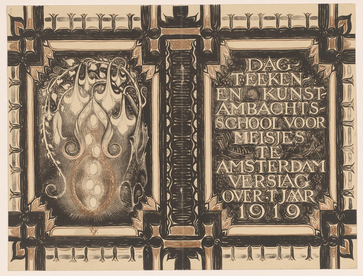 Diseño de encuadernación para: Informe de la Escuela de Dibujo Diurno y Artesanía Artística para Niñas de Ámsterdam correspondiente al año 1919 de Nicolaas van de Vecht