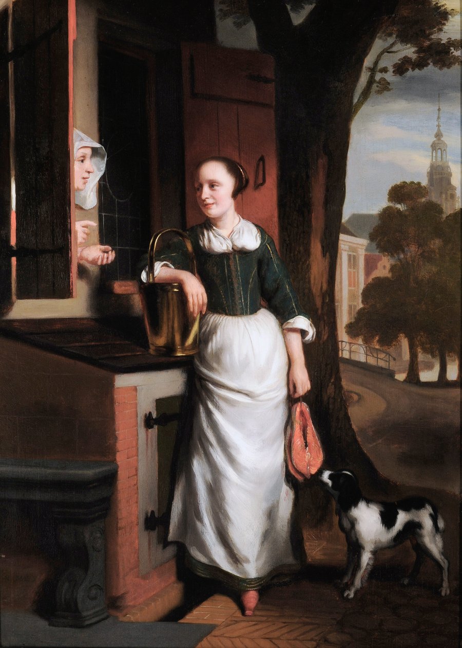 Dos amas de casa charlando de Nicolaes Maes