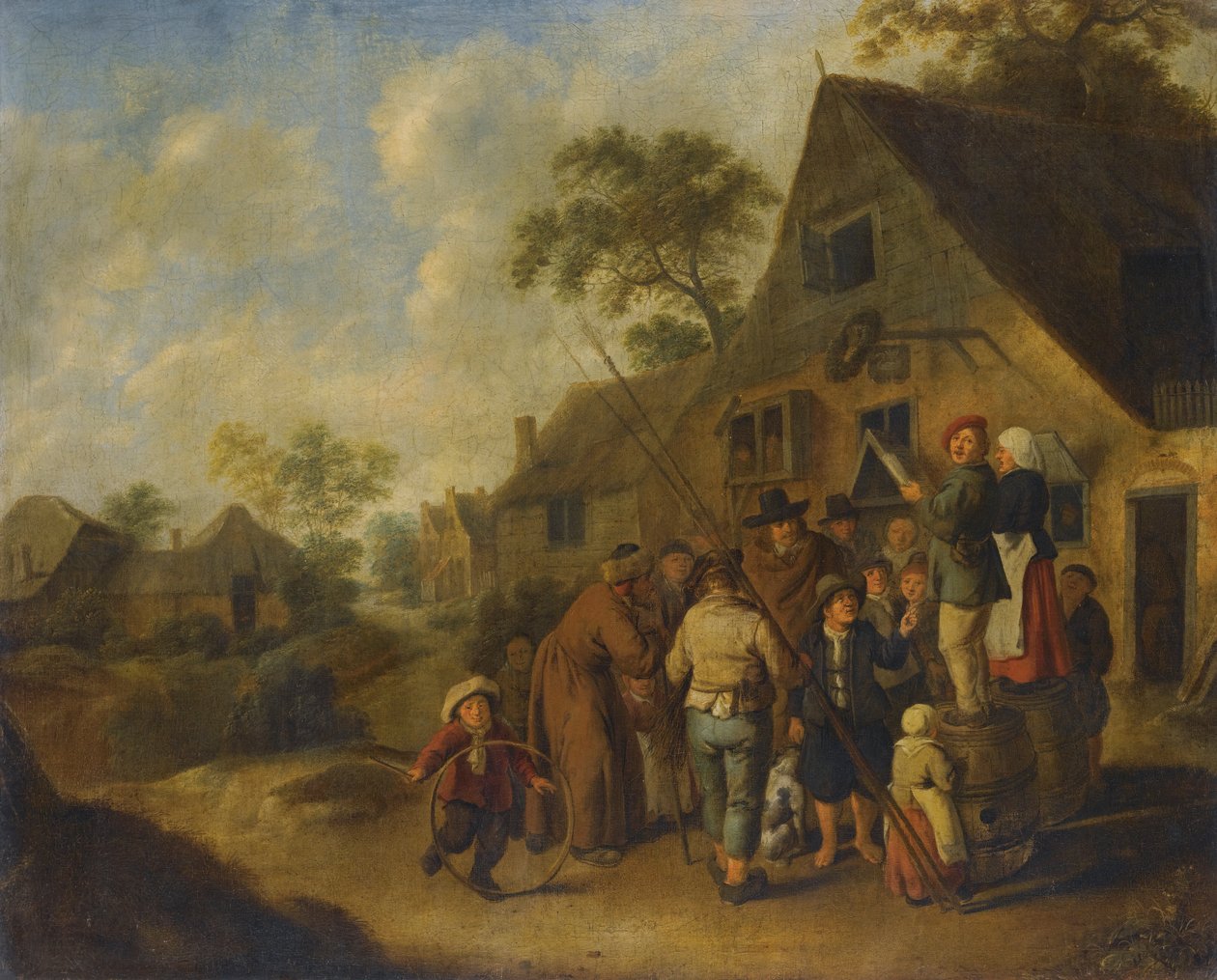 Figuras proclamando las noticias sobre barriles fuera de una posada por Jan Miense Molenaer de Nicolaes Molenaer