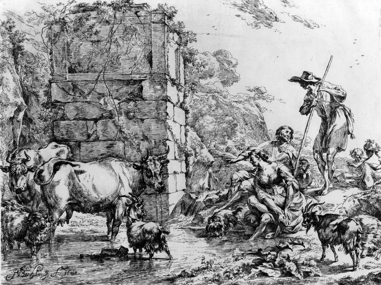 Vacas y cabras bebiendo en un estanque de Nicolaes Pietersz. Berchem