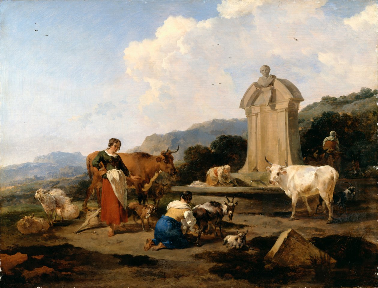Fuente Romana con Ganado y Figuras (Le Midi) de Nicolaes Pietersz. Berchem