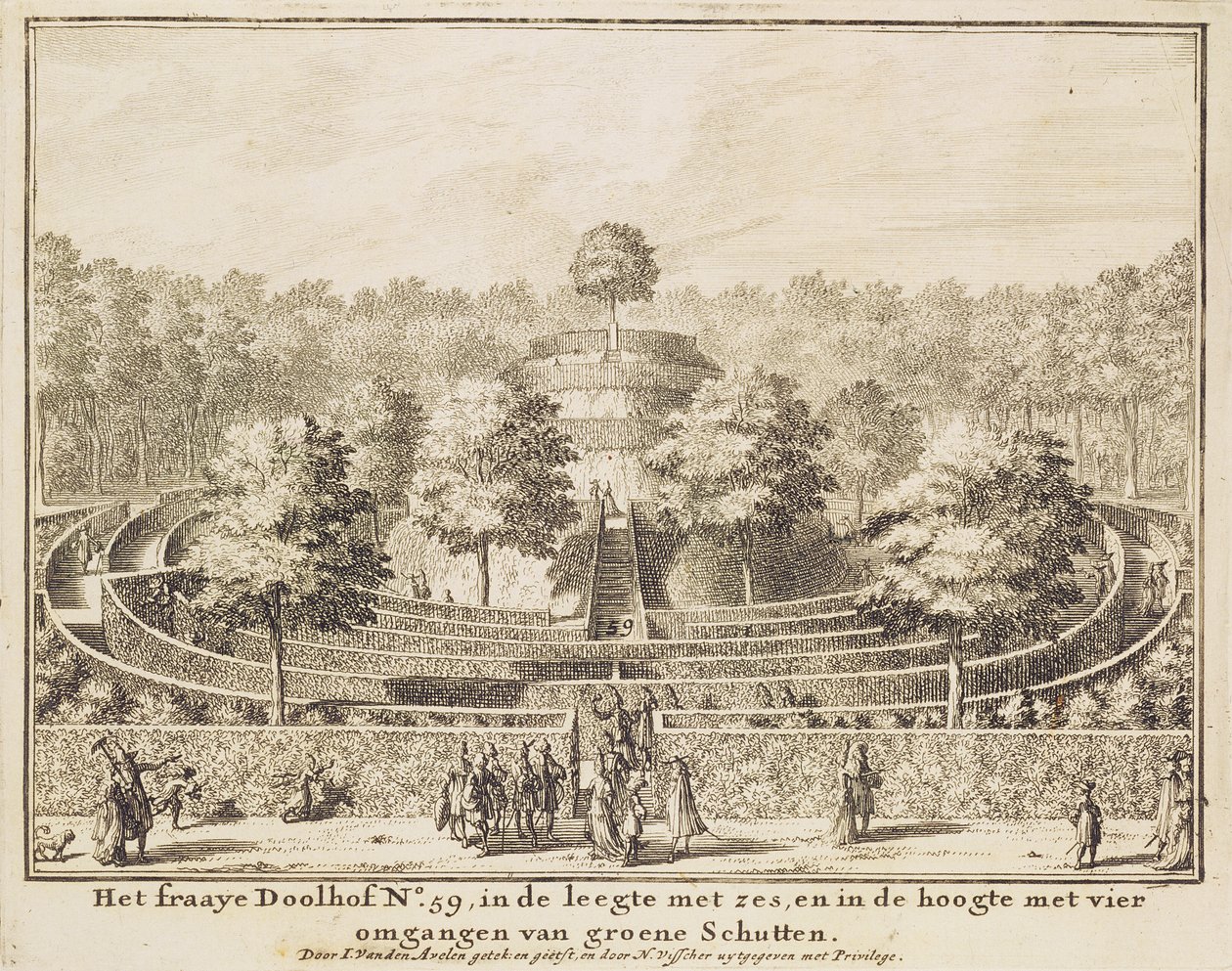 Laberinto de topiaria con cuatro salidas y un montículo central, grabado por Johannes Van den Aveele de Nicolaes Jansz Visscher