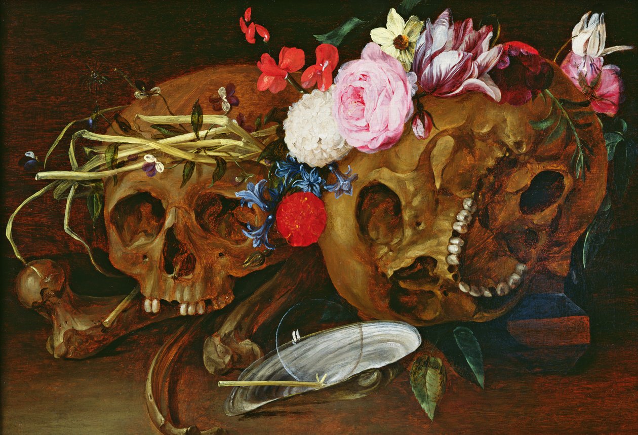 Vanitas Bodegón con calaveras, flores, una concha de mejillón perla, una burbuja y una paja de Nicolaes van Veerendael