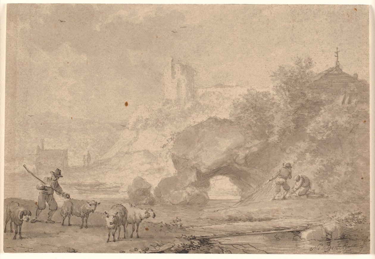 Pastor de ovejas y pescadores en un paisaje fluvial del sur de Nicolaes Berchem