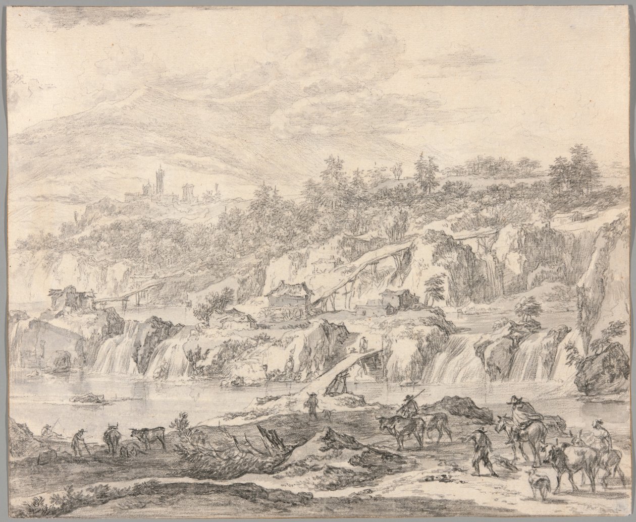 Paisaje con cascadas y puentes, campesinos en primer plano de Nicolaes Berchem