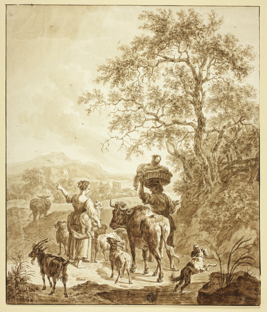 Pastora y campesino con rebaño en paisaje italianizante de Nicolaes Berchem