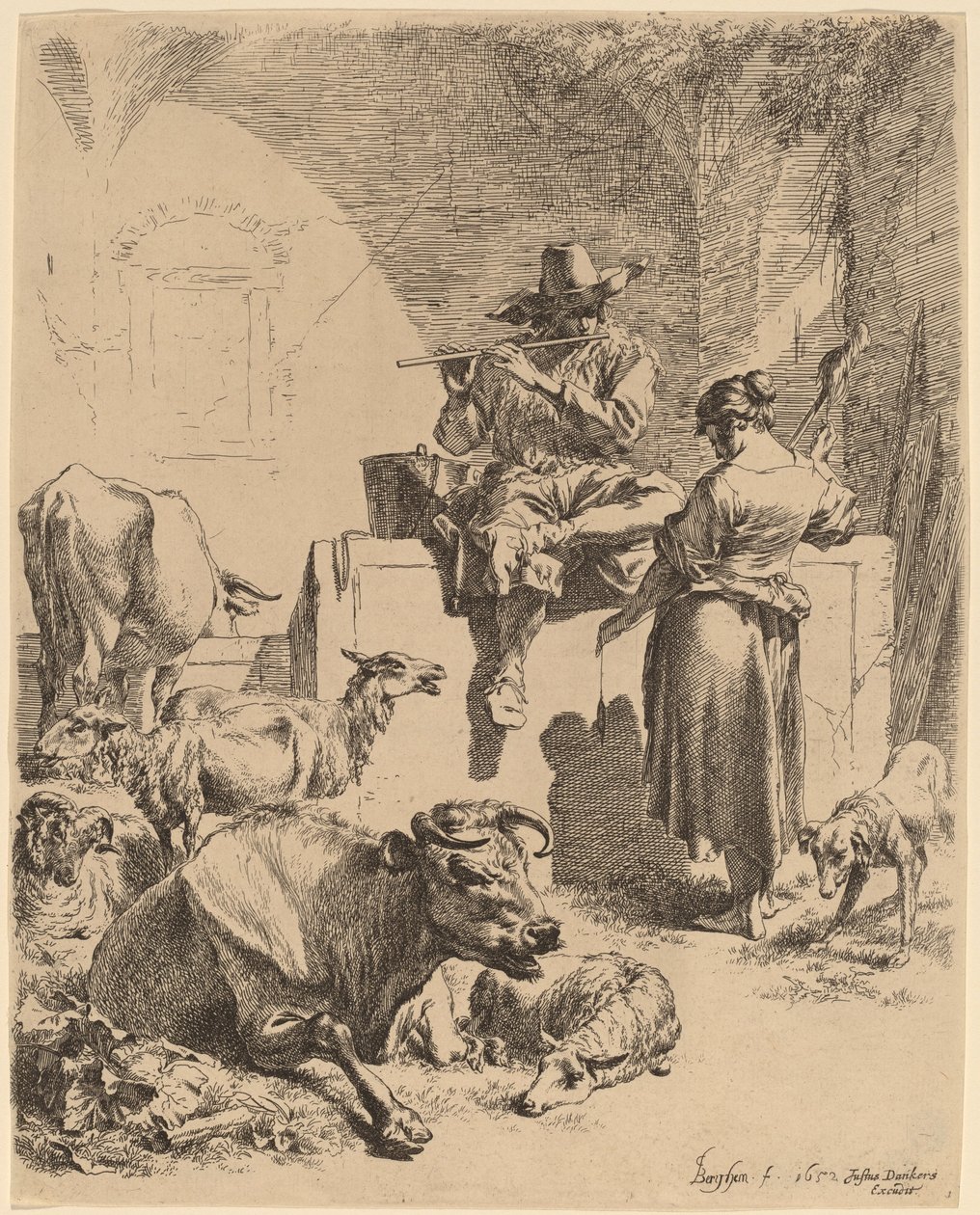 El pastor sentado en una fuente y la hilandera, 1652 de Nicolaes Berchem