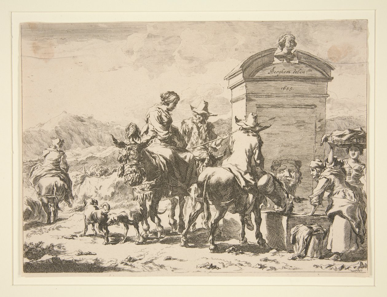 Sin título - Escena de género con personas en burros y una lápida de Nicolaes Berchem