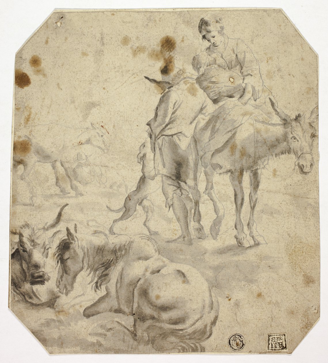 Mujer y niño en burro, hombre, perros, caballos de Nicolaes Berchem