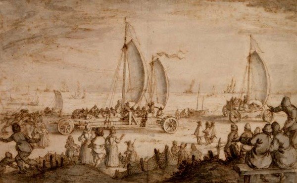 Prins Maurits de los yates terrestres de Nassau en la playa de Scheveningen, c.1614-15 de Nicolaes Jansz  Visscher