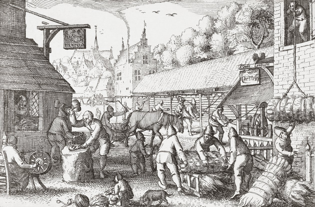 Aldeanos holandeses del siglo XVII haciendo cuerda de Nicolaes Jansz Visscher