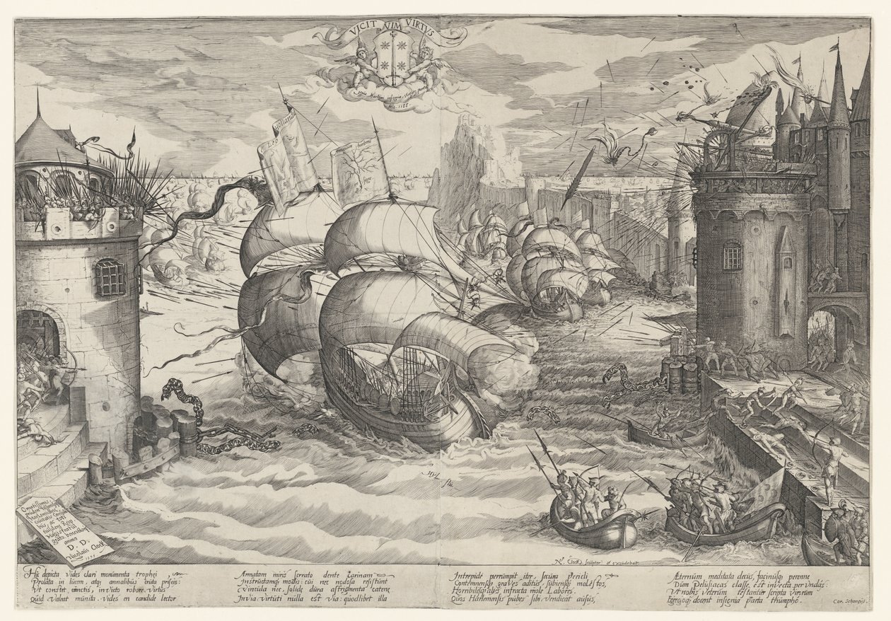 Tomando Damiate y superando la cadena, 1219 de Nicolaes Jansz. Clock