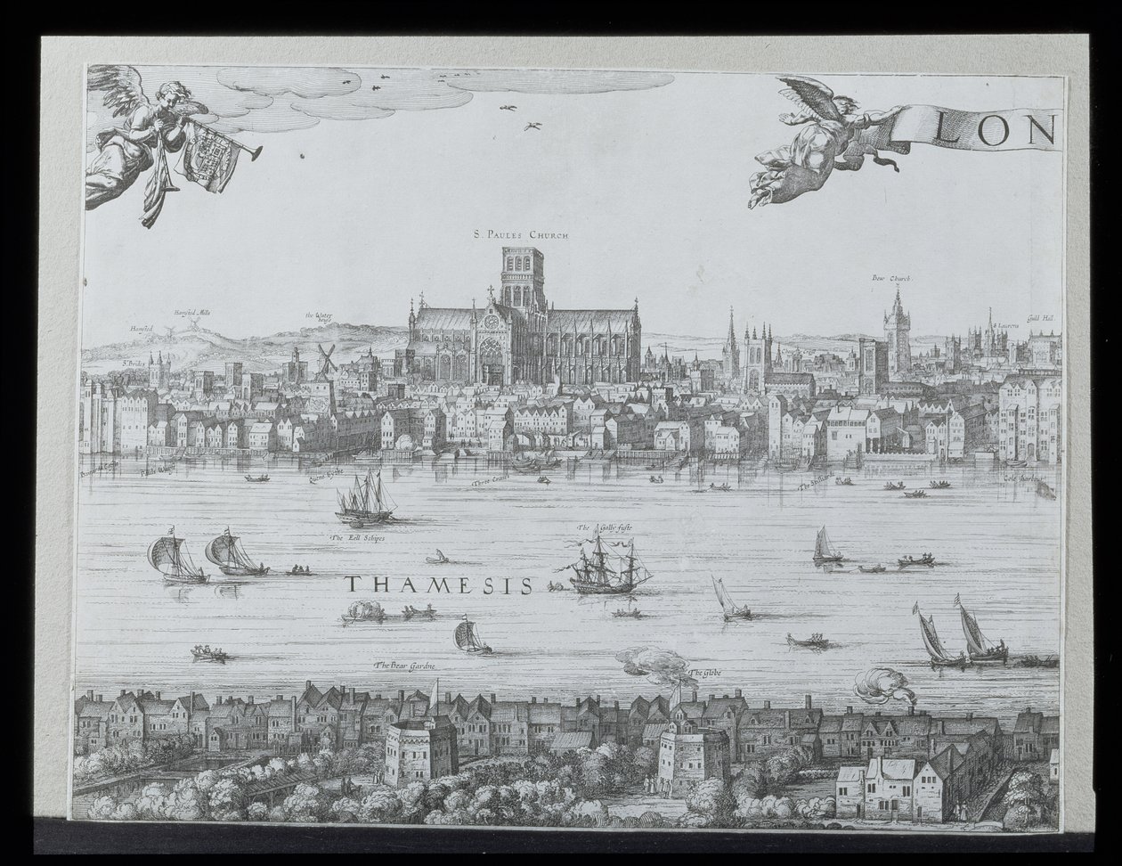 Panorama de Londres y el Támesis, parte dos mostrando la Catedral de San Pablo y el Teatro Globe, c. 1600 de Nicolaes Jansz Visscher