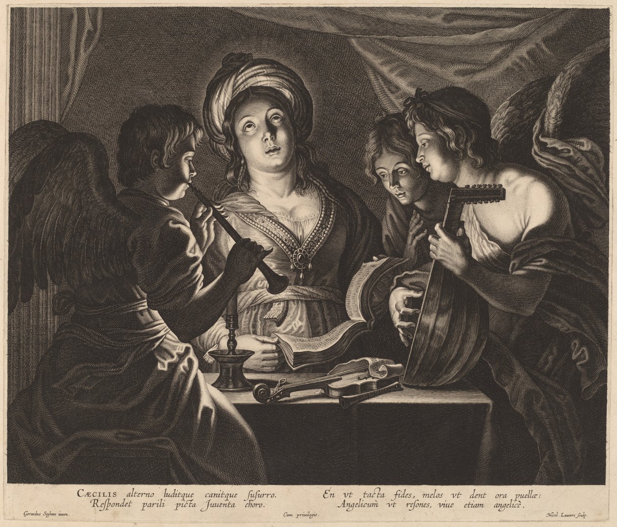 Santa Cecilia acompañada por músicos celestiales de Nicolaes Lauwers after Gerard Seghers