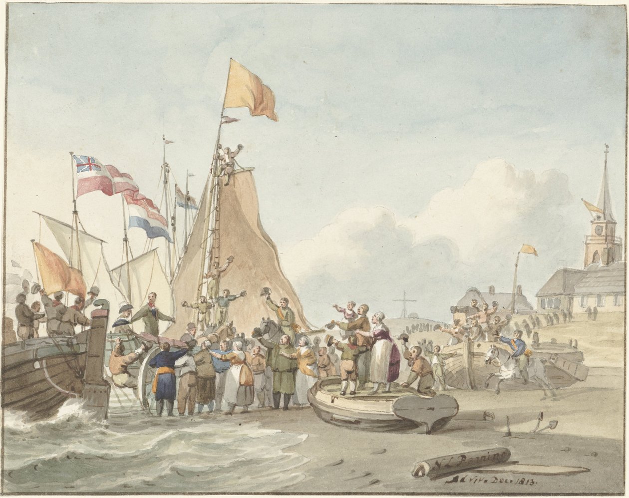 Llegada del príncipe Guillermo Federico a Scheveningen, 30 de noviembre de 1813 de Nicolaes Lodewick Penning (signed by artist)