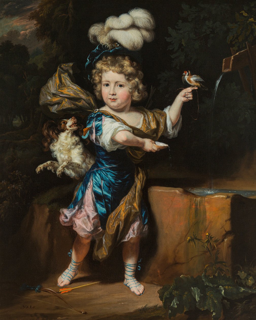 Holandés: Niño con pájaro y perro en una fuente Niño con pájaro y perro en una fuente de Nicolaes Maes