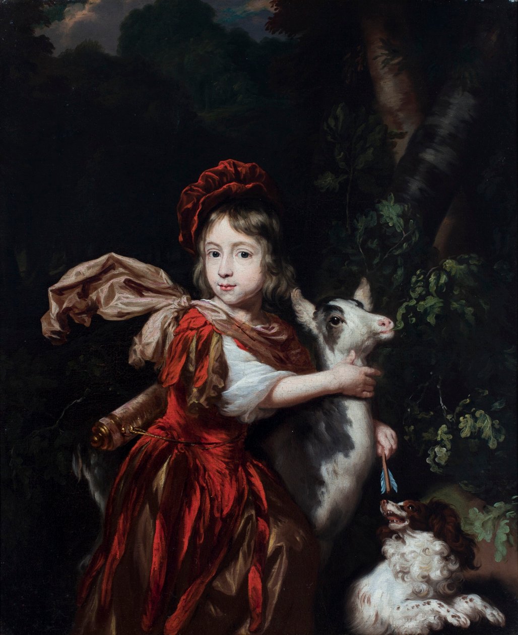 Holandés: Retrato de un chico con una cabra y un perro, en un paisaje Retrato de un chico joven vestido de cazador con una cabra y un perro de Nicolaes Maes
