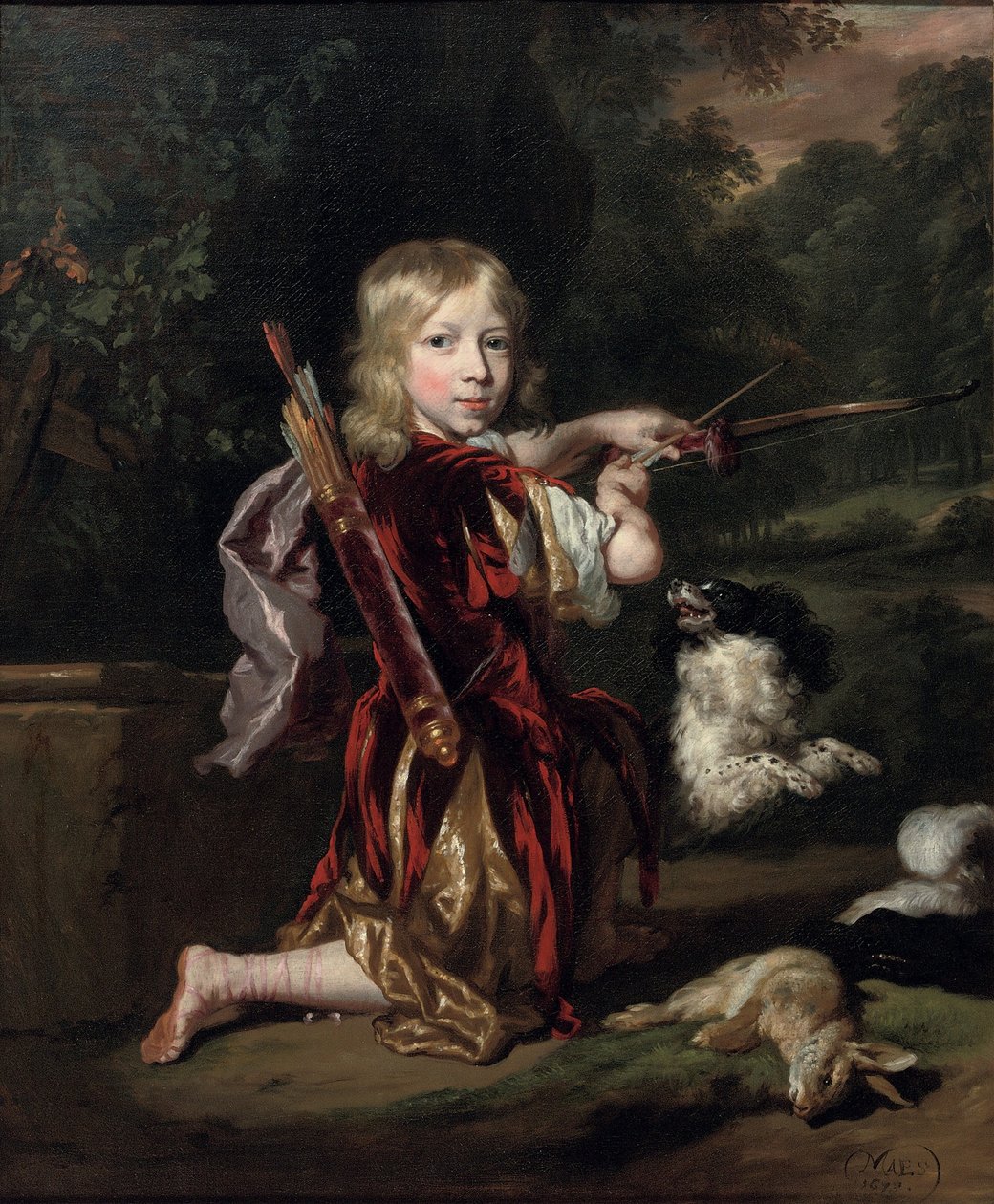 Holandés: Portret van een onbekende jongen Retrato de un niño, de cuerpo entero, con traje de estilo clasicista, dibujando un lazo de Nicolaes Maes