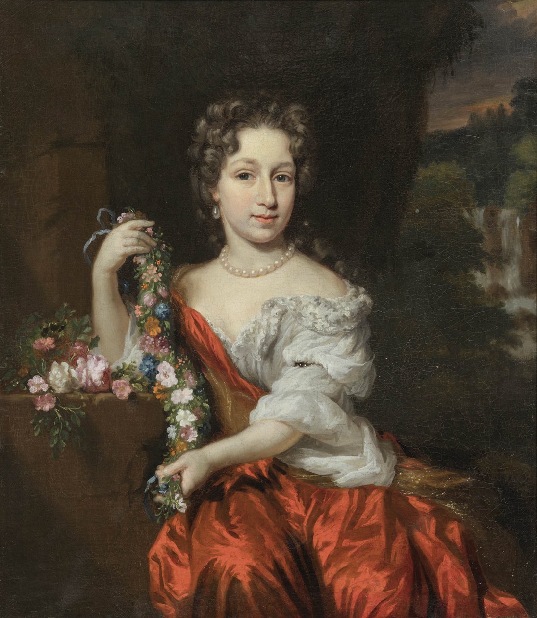 Holandés: Retrato de una mujer desconocida Retrato de una mujer joven con una guirnalda de flores de Nicolaes Maes