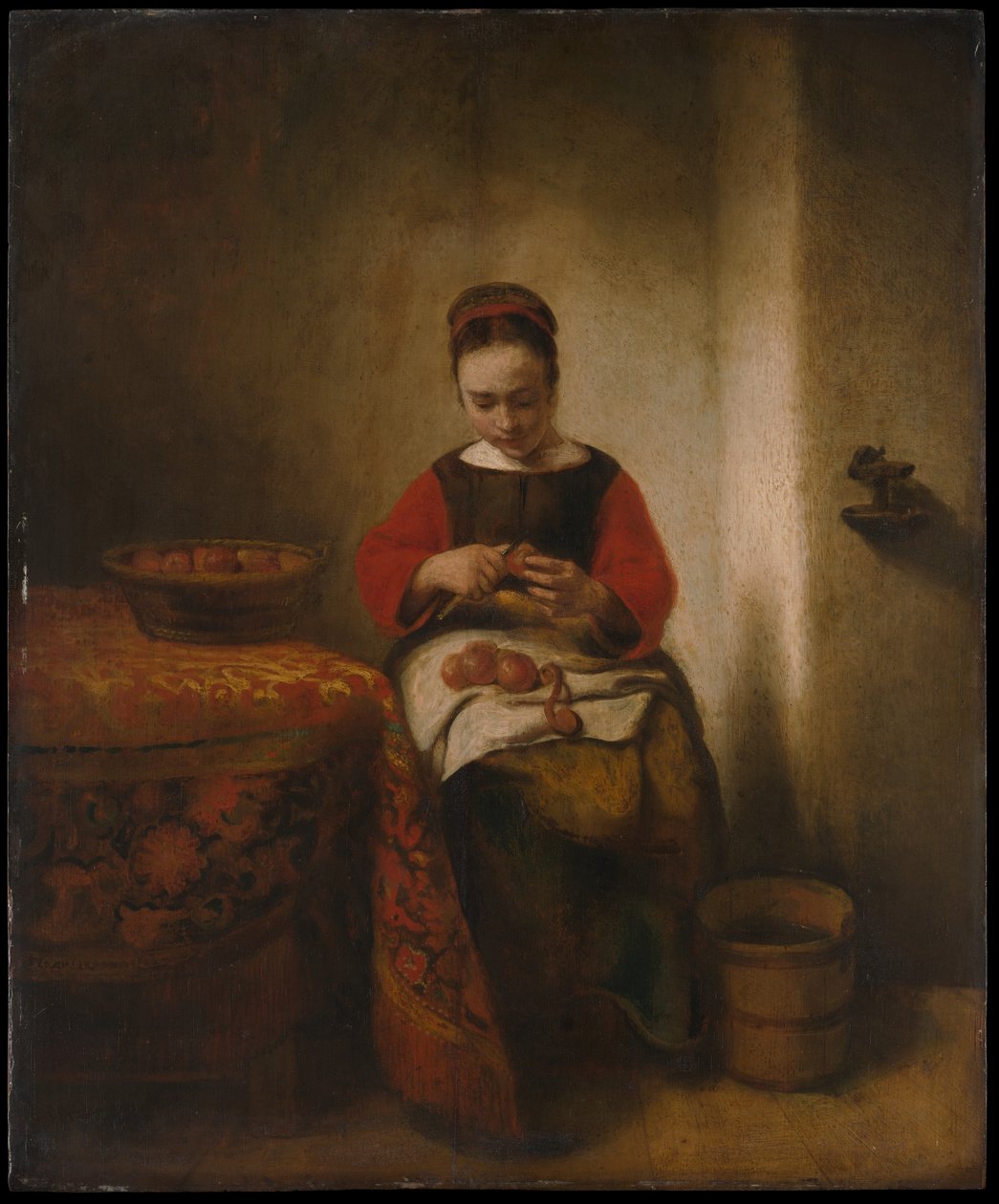 Mujer joven pelando manzanas de Nicolaes Maes