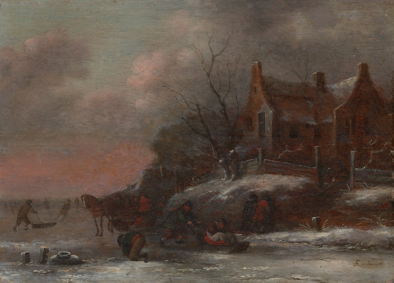 Paisaje invernal con figuras en trineo sobre un río helado de Nicolaes Molenaer