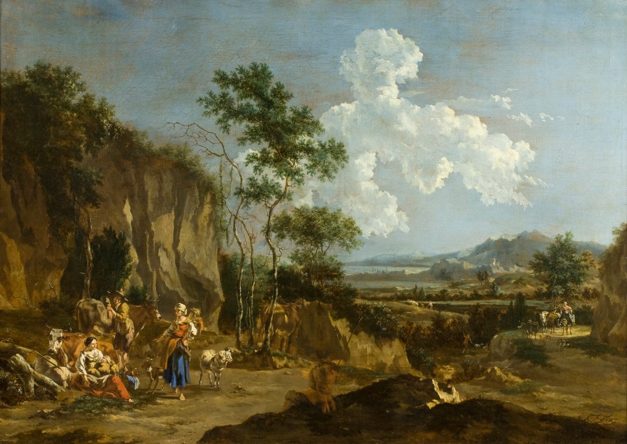 Paisaje italiano (o almuerzo obrero) de Nicolaes Pietersz (follower of) Berchem