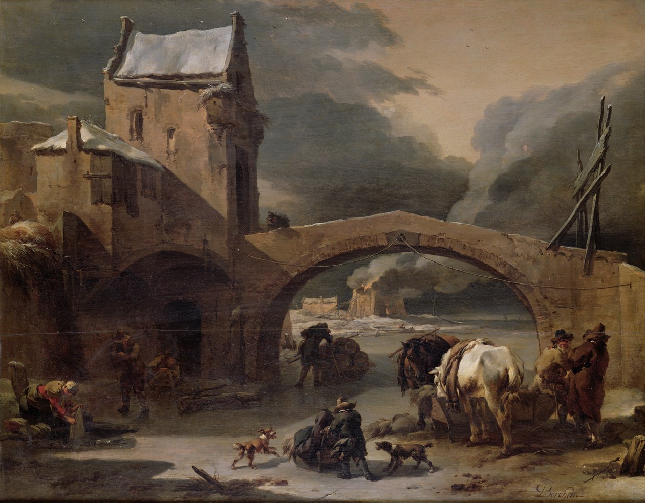 Un paisaje invernal con campesinos y caballos en un canal congelado junto a un puente fortificado, c.1660-70 de Nicolaes Pietersz. Berchem