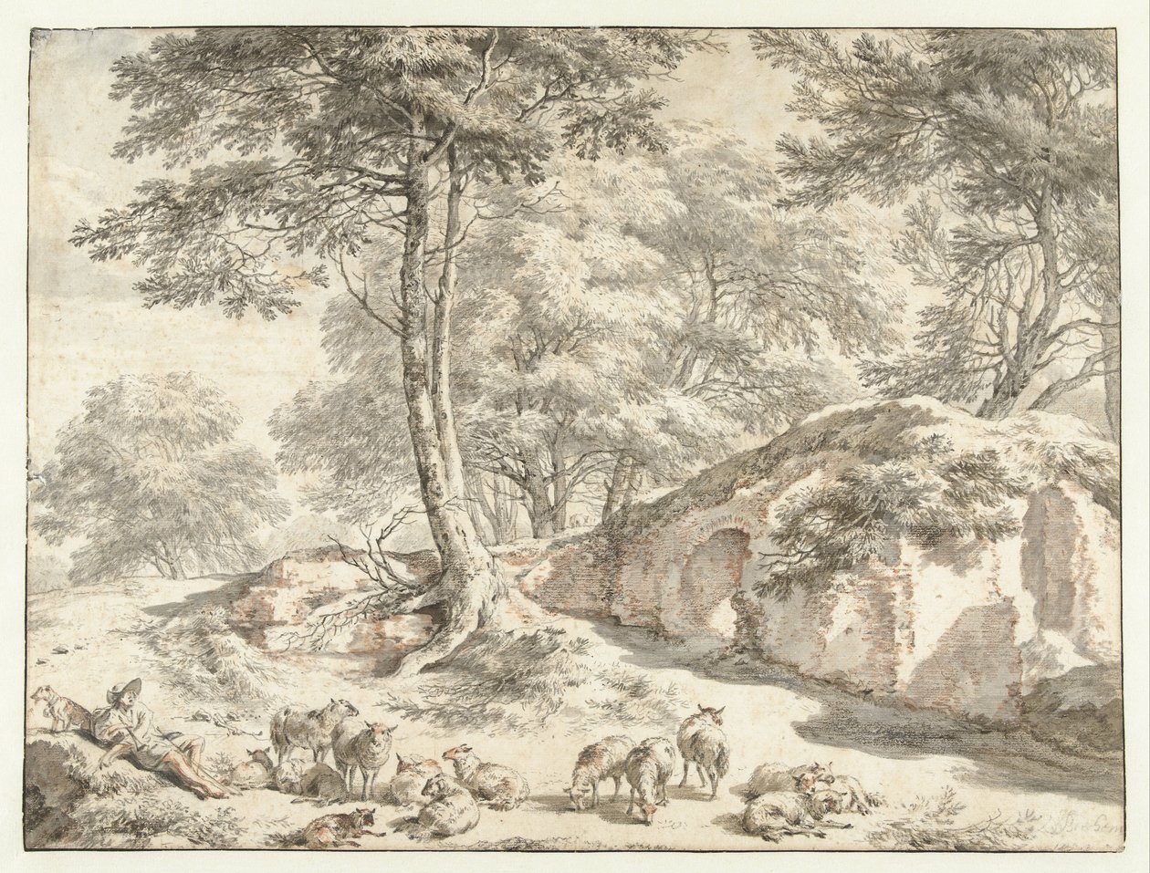 Pastor con ovejas cerca de una ruina entre árboles de Nicolaes Pietersz Berchem