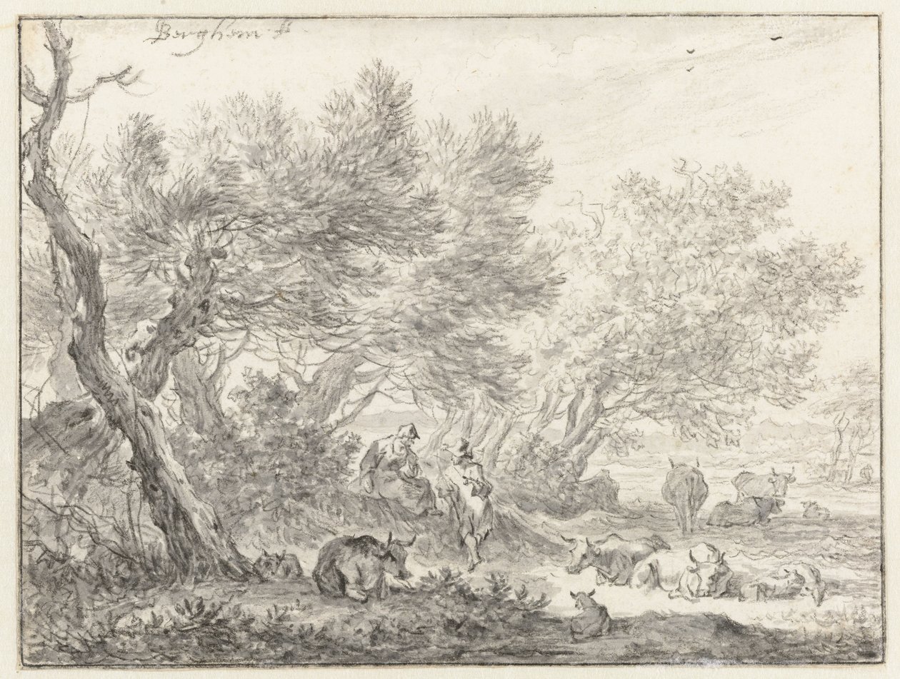Pastores y ganado cerca de un grupo de árboles de Nicolaes Pietersz Berchem
