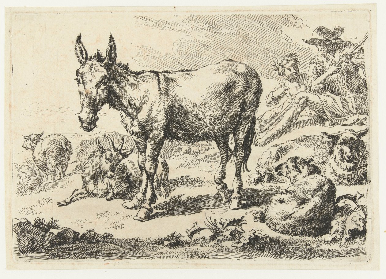 Paisaje con burro, oveja, cabra y pastores. Animales (título de la serie) de Nicolaes Pietersz Berchem