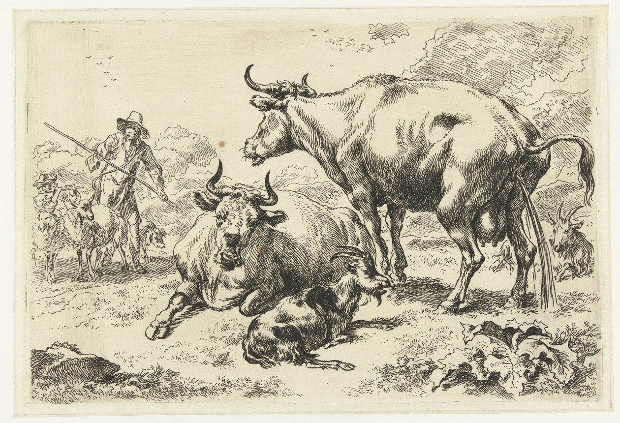 Mentir y una vaca meando Animales (título de la serie) de Nicolaes Pietersz Berchem