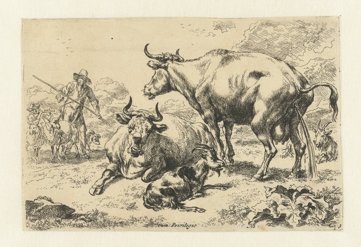 Mentir y una vaca meando Animales (título de la serie) de Nicolaes Pietersz Berchem